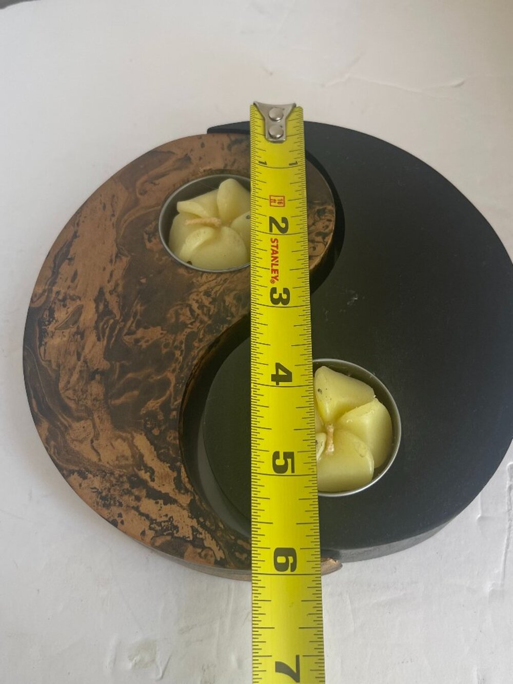 VTG Yin Yang Black & Brown Wood Candle Holder with 2 New Beeswax Candles